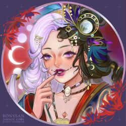  1girl artist_name black_hair blue_hanfu border bow-shaped_hair brown_choker chinese_clothes chinese_hairpin choker commentary crescent crescent_hair_ornament crescent_moon earrings english_commentary feather_hair_ornament feathers finger_to_mouth fingernails flower full_moon_hair_ornament gem gold_earrings hair_flowing_over hair_ornament hair_rings hair_stick hairclip half_updo halterneck hanfu happy heterochromia highres infinity_nikki jewelry light_particles lipstick long_hair long_sleeves makeup mascara moon moon_phases multicolored_hair nail_polish nikki_(series) parted_lips pearl pink_eyes purple_border purple_lips purple_nails red_background red_flower ronya_sanzoku round_border sharp_fingernails smile solo sparkle spider_lily split-color_hair teeth thick_eyebrows two-tone_hair upper_body violet_eyes watermark where_wanxiang_weaves_life_(infinity_nikki) white_hair 