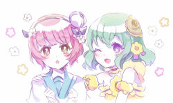  2girls aqua_hair black_hairband blush bud commentary_request dress flower hair_flower hair_ornament hairband hand_on_another's_shoulder magical_daisy magical_girl mahou_shoujo_ikusei_keikaku mahou_shoujo_ikusei_keikaku_restart multiple_girls one_eye_closed open_mouth pink_hair sailor_collar school_uniform smile snow_white_(mahoiku) violet_eyes white_background white_flower yellow_dress yellow_eyes yellow_flower yunare 