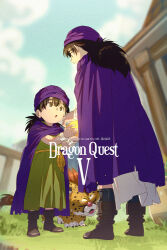  2boys aged_down black_hair blue_sky blurry blurry_background boots borongo bracelet brown_boots cape cloak clouds cloudy_sky commentary_request copyright_name dragon_quest dragon_quest_v dual_persona echo_(circa) grass great_sabrecub green_tunic hero_(dq5) holding holding_orb jewelry long_hair looking_at_another low_ponytail male_focus multiple_boys open_mouth orb ponytail purple_cape purple_cloak purple_turban rope_belt sky standing tunic turban white_tunic 