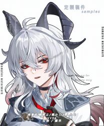  1girl ahoge black_choker black_gloves black_horns chest_harness choker commission curled_horns gloves grey_hair hair_between_eyes harness highres horns long_hair looking_at_viewer necktie parted_lips red_eyes red_necktie solo upper_body vvna9 watermark white_background wuthering_waves zani_(wuthering_waves) 