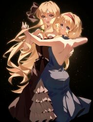  2girls alice_margatroid alternate_costume backless_dress backless_outfit black_background black_dress blonde_hair blue_dress blue_eyes bow closed_mouth commentary_request dancing dress evening_gown hair_bow hairband highres kirisame_marisa long_hair multiple_girls nymphus open_mouth red_hairband short_hair smile touhou yuri 