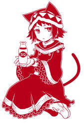  1girl animal_hat boots bottle commentary_request frilled_sleeves frills full_body fur-trimmed_headwear fur_trim gem gloves hat holding holding_bottle lace-up_boots monochrome red_theme robe ruiko_(sad) rune_master_(sekaiju) rune_master_4_(sekaiju) sekaiju_no_meikyuu sekaiju_no_meikyuu_4 simple_background sitting solo tail white_background wide_sleeves 