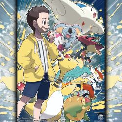  1boy alternate_color ampharos appletun artist_name artist_self-insert beard blue_shorts bright_pupils brown_eyes brown_hair cinderace closed_eyes closed_mouth commentary company_name copyright_notice dragapult drawstring dreepy english_commentary facial_hair fire from_side hand_in_pocket highres holding holding_poke_ball hood hood_down hooded_jacket jacket komala long_sleeves male_focus official_style open_clothes open_jacket open_mouth orange_eyes original outline poke_ball poke_ball_(basic) pokemon pokemon_(creature) pokemon_team shiny_pokemon short_hair shorts smile sparkle standing togekiss tom_higgins u_u watermark white_outline white_pupils yellow_jacket 