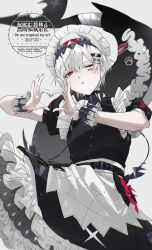  1boy absurdres apron artist_name bandaged_tail barcode barcode_tattoo belt black_dress black_nails cheek_tattoo collar commentary cosplay cowboy_shot crossdressing crossdressing_(mtf) dot_nose dress ellen_joe ellen_joe_(cosplay) fins fish_tail frilled_dress frills grey_background hair_between_eyes hair_ornament hairband heart heart_hands high-waist_belt highres indie_utaite large_tail looking_at_viewer mafumafu maid_headdress male_focus metal_collar metal_hairband one_eye_closed parted_bangs pnt0005 puffy_short_sleeves puffy_sleeves scar scar_on_tail shark_tail short_dress short_sleeves simple_background solo spiked_collar spiked_hairband spikes tail tail_tattoo tattoo triangle_mouth untranslatable_commentary utaite waist_apron water white_hair wrist_cuffs x_hair_ornament 