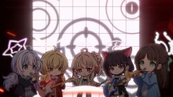  5girls after-school_sweets_club_(blue_archive) airi_(band)_(blue_archive) airi_(blue_archive) animal_ears black_hair blonde_hair blue_archive brown_hair cat_ears colored_inner_hair commentary_request green_eyes green_halo halo highres kazusa_(band)_(blue_archive) kazusa_(blue_archive) korean_commentary medium_hair multicolored_hair multiple_girls natsu_(band)_(blue_archive) natsu_(blue_archive) official_alternate_costume pink_hair pink_halo purple_hair purple_halo red_eyes reisa_(blue_archive) samess_333 two-tone_hair yellow_eyes yellow_halo yoshimi_(blue_archive) 