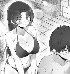  1boy 1girl abikura_akihito bath bathtub bikini black_bikini blush breasts character_igarashi_isuka commentary_request greyscale kamio_fukuchi large_breasts long_hair monochrome navel smile swimsuit tall_female yowa_yowa_sensei 