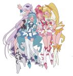  4girls blonde_hair blue_hair blush boots brooch choker closed_eyes closed_mouth commentary_request cure_blossom cure_marine cure_moonlight cure_sunshine dress earrings flower frilled_skirt frills hair_flower hair_ornament hair_ribbon heart heart_brooch heart_in_mouth heartcatch_precure! highres jewelry light_smile long_hair midriff multiple_girls navel open_mouth pink_hair precure purple_hair ribbon ribbon_choker simple_background skirt smile thigh-highs twintails very_long_hair w6kyh wrist_ribbon 