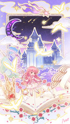  1girl absurdres ahoge animal ankle_socks artist_request baby_animal bare_arms bare_shoulders bead_necklace beads bird black_eyes blouse book bow bowtie brown_eyes castle cat chibi chinese_commentary cloak clothed_animal commentary_request copyright_name crescent crown ear_covers floral_print flower flower_necklace frilled_shirt frilled_skirt frills gold_crown happy highres holding holding_quill hood hood_up hooded_cloak jewelry lamb long_hair long_sidelocks looking_at_animal mary_janes medium_skirt miracle_nikki momo_(nikki) necklace nikki_(nikki) nikki_(series) official_art open_book open_mouth outstretched_leg oversized_object pink_hair pink_shoes plant pleated_skirt pop-up_book print_shirt print_skirt quill red_bow red_bowtie red_flower red_rose rose rose_print second-party_source sheep shirt shoes shooting_star sidelocks skirt skirt_set sleeveless sleeveless_shirt smile socks solid_oval_eyes standing tareme teeth thorns traditional_bowtie turtleneck turtleneck_shirt unworn_crown upper_teeth_only very_long_hair vines wavy_hair whiskers white_cat white_shirt white_skirt white_socks x_navel yellow_cloak 