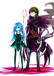 1boy 1girl belt belt_buckle black_pants blue_hair brown_hair buckle cloak coat colored_skin commentary_request dress full_body green_dress hair_over_one_eye holding holding_staff leg_belt long_hair looking_ahead mystic_(sekaiju) mystic_4_(sekaiju) night_seeker_(sekaiju) night_seeker_3_(sekaiju) one_eye_covered pants pointy_ears purple_cloak purple_coat red_belt ruiko_(sad) sekaiju_no_meikyuu sekaiju_no_meikyuu_4 sketch staff standing white_skin 