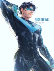  1boy batman_(series) black_bodysuit black_hair blue_bodysuit blue_mask bodysuit bunnying_182 commentary covered_abs dc_comics dick_grayson domino_mask english_commentary escrima_sticks eye_mask highres male_focus mask multicolored_bodysuit muscular muscular_male nightwing solo spiky_hair superhero_costume taut_bodysuit taut_clothes two-tone_bodysuit 