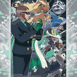  1boy absurdres artist_name black_jacket black_necktie black_pants black_sclera black_suit bright_pupils brown_hair claws closed_mouth collared_shirt colored_sclera commentary company_name copyright_notice drampa english_commentary facial_hair fangs from_side glalie gloves green_gloves green_shirt hair_bun hair_ornament highres holding holding_poke_ball horns houndoom jacket long_sleeves lopunny male_focus mature_male mega_drampa mega_pokemon merchandise_available necktie official_style open_mouth outline pangoro pants pink_eyes poke_ball pokemon pokemon_(creature) pokemon_legends:_z-a pokemon_team sharp_teeth sharpedo shirt short_hair single_hair_bun smile standing suit suit_jacket sunglasses teeth tom_higgins ultra_ball undercut vinnie_(pokemon) watermark white_outline white_pupils 