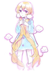  1girl blonde_hair blue_shirt buttons cloud_hair_ornament commentary_request hair_ornament highres long_hair magical_girl mahou_shoujo_ikusei_keikaku mahou_shoujo_ikusei_keikaku_unmarked nemurin shirt very_long_hair violet_eyes white_background yunare 