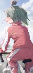  1girl absurdres ass bicycle black_bow blush bow commentary_request green_hair highres jacket jersey multicolored_hair nakatsugawa_mei nene_(neneeeeeillust) open_mouth pink_hair sky solo solo_focus tears thick_eyebrows track_jacket track_suit two-tone_hair yurucamp 