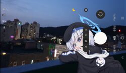  1girl 2_pycat arm_rest bare_shoulders beret black_hat black_jacket black_sailor_collar black_shirt blinking blue_archive blue_eyes blue_halo commentary_request grey_hair hair_ornament hairclip halo hat head_on_arm heart highres jacket jacket_partially_removed korean_commentary looking_at_viewer parallel_hairclips puffy_cheeks sad sailor_collar shirt sleeveless sleeveless_shirt solo sumika_(blue_archive) viewfinder 