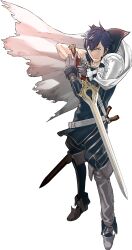  1boy absurdres armor blue_eyes blue_hair blue_shirt cape chrom_(fire_emblem) falchion_(fire_emblem) fire_emblem fire_emblem_awakening full_body highres holding holding_sword holding_weapon kozaki_yuusuke leg_armor looking_at_viewer official_art serious shirt short_hair shoulder_armor solo sword transparent_background weapon white_armor white_cape 