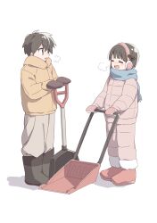  1boy 1girl absurdres black_boots black_hair blue_scarf boots boro_(tn-boro) closed_eyes commentary_request headphones highres himekawa_koyuki holding holding_shovel kishibe_souta mahou_shoujo_ikusei_keikaku mahou_shoujo_ikusei_keikaku_unmarked open_mouth pink_boots scarf short_hair shovel smile white_background winter_clothes 