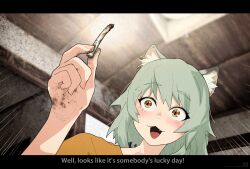  1girl animal_ear_piercing animal_ears brown_eyes cat_ears cat_girl cigarette commentary_request dirty_hands emphasis_lines english_text fangs green_hair highres holding holding_cigarette letterboxed mismatched_animal_ear_colors open_mouth orange_shirt portrait sakurai_gamon satou_yaniko shirt slit_pupils solo subtitled yani_neko 