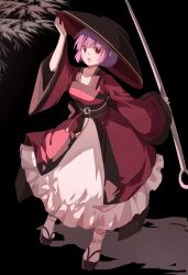  1girl :d black_background black_sash bowl bowl_hat commentary_request full_body hat highres holding holding_needle japanese_clothes kimono looking_at_viewer needle nymphus obi okobo platform_sandals purple_hair red_kimono sandals sash short_hair simple_background skirt smile solo sukuna_shinmyoumaru tabi touhou violet_eyes white_skirt 