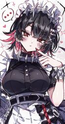  ... 1girl apron asymmetrical_sidelocks belt black_belt black_bow black_dress black_hair blush bow breasts closed_mouth collar colored_inner_hair dress ellen_joe finger_to_cheek frilled_apron frilled_wrist_cuffs frills hair_ornament hairband hairclip heart highres large_breasts looking_at_viewer maid_headdress metal_collar metal_hairband mole mole_on_arm multicolored_hair multiple_piercings red_eyes red_nails short_hair sidelocks solo sparkle speech_bubble spiked_collar spiked_cuffs spiked_hairband spikes upper_body usa_(usagi_minku) white_apron white_background white_headdress wrist_cuffs zenless_zone_zero 