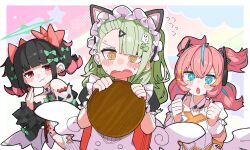  3girls :3 @_@ angel_wings angels_of_delusion animal_ears aqua_bow aqua_halo aria_(zenless_zone_zero) black_hair blue_eyes blunt_bangs blush bow cat_ears closed_mouth commentary_request earrings fake_animal_ears green_hair hair_bow hair_intakes hair_ornament hairclip halo hands_up highres holding jewelry long_hair long_sleeves looking_at_viewer maid_headdress multicolored_hair multiple_girls nangong_yu open_mouth pale_skin pink_bow pink_eyes pink_hair puffy_short_sleeves puffy_sleeves satoi_itsuki short_sleeves side_ponytail single_earring sparkle sparkling_eyes sunna_(afternoon_tea_break)_(zenless_zone_zero) sunna_(zenless_zone_zero) sweatdrop twintails upper_body white_wings wings yellow_eyes zenless_zone_zero 
