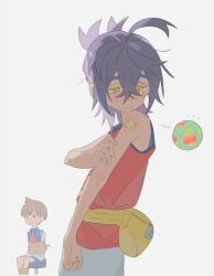  2boys absurdres applin arrow_(symbol) bag bin_aham black_hair blue_shirt bound brown_hair closed_mouth collared_shirt commentary crossed_bangs fanny_pack florian_(pokemon) hair_between_eyes hand_on_own_arm highres kieran_(pokemon) looking_down male_focus multiple_boys pokemon pokemon_scarlet_and_violet red_shirt shirt short_hair shorts sitting sleeveless sleeveless_shirt sticker_on_arm stool tied_up_(nonsexual) untranslatable_commentary white_background yellow_bag yellow_eyes zipper_pull_tab 