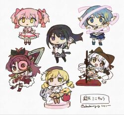  6+girls akemi_homura akemi_homura_(magical_girl) animal_ear_headwear animal_ears ankle_bow back_bow bandaged_leg bandages bare_shoulders beanie belt beret black_belt black_boots black_bow black_collar black_corset black_hair black_hairband black_wrist_cuffs blonde_hair blue_boots blue_eyes blue_gloves blue_hair blue_skirt blue_sleeves book boots bow bowtie brooch brown_boots brown_eyes brown_gloves brown_hat brown_leggings cape capelet cat_ears chain cherry chibi cleavage_cutout clothing_cutout collar collared_cape commentary_request confused corset cropped_shirt crossed_arms detached_collar detached_sleeves determined diamond_cutout diamond_earrings diamond_hair_ornament doughnut dress drill_hair earrings expressionless eyes_visible_through_hair fake_animal_ears feather-trimmed_sleeves flat_color floating_cape floating_clothes flower_hairclip food fortissimo frilled_dress frilled_gloves frilled_skirt frills fruit gem gloves glowing gold_chain grey_sleeves hair_bow hair_flip hair_ornament hairband hairclip hand_in_own_hair happy hat hat_feather high_collar high_ponytail highres holding holding_book holding_food holding_pole holding_polearm holding_weapon holy_quintet itou_(ankocha-mgmg) jewelry kaname_madoka kaname_madoka_(magical_girl) knee_boots kneehighs large_bow layered_sleeves leaning_back leggings light_frown long_dress long_hair long_sleeves looking_ahead low_twintails magical_girl mahou_shoujo_madoka_magica mahou_shoujo_madoka_magica:_walpurgis_no_kaiten midriff miki_sayaka miki_sayaka_(magical_girl) miniskirt momoe_nagisa momoe_nagisa_(magical_girl) multiple_girls musical_note musical_note_hair_ornament on_food open_book open_mouth orange_gem orange_shirt orange_skirt outstretched_arm over_shoulder oversized_food oversized_object parted_bangs petticoat pink_bow pink_bowtie pink_corset pink_hair pink_skirt pleated_skirt pole polearm ponytail puffy_short_sleeves puffy_sleeves purple_bow purple_bowtie purple_skirt purple_sleeves reading red_boots red_bow red_dress red_eyes red_hair red_shoes ringed_eyes sakura_kyoko sakura_kyoko_(magical_girl) shirt shoes short_hair short_over_long_sleeves short_sleeves short_twintails simple_background single_earring single_thighhigh skirt skirt_under_dress sleeveless sleeveless_shirt socks spear strapless strapless_shirt tareme thigh-highs thigh_belt thigh_strap tomoe_mami tomoe_mami_(magical_girl) translation_request twin_drills twintails very_long_hair violet_eyes watermark wavy_hair weapon weapon_over_shoulder white_background white_bow white_bowtie white_cape white_capelet white_hair white_shirt white_sleeves white_socks white_thighhighs wrist_cuffs yellow_boots yellow_eyes yellow_skirt 
