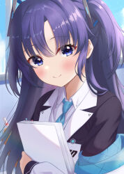  1girl absurdres black_jacket blazer blue_archive blue_necktie blue_sky coat collared_shirt commentary_request hair_between_eyes hair_ornament highres jacket long_hair long_sleeves looking_at_viewer necktie paper purple_hair sa07_drawing shirt sidelocks sky smile solo two_side_up upper_body violet_eyes white_coat white_shirt yuuka_(blue_archive) 