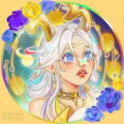  1girl aegyo_sal antlers aqua_background aqua_eyeshadow backlighting bare_shoulders blue_eyes blue_flower border bug butterfly butterfly_on_nose chain chain_necklace chinese_clothes choker chroma's_mortal_heart_(infinity_nikki) colored_eyelashes commentary deer_antlers detached_sleeves earrings eyeshadow facial_mark flower flower_earrings flower_request forehead_mark gold_chain gold_choker halo halo_behind_head hand_on_own_chest highres horns infinity_nikki jewelry lantern light_blush light_particles lipstick long_hair long_sleeves makeup mascara multicolored_hair necklace nikki_(series) nostrils paper_lantern parted_lips pendant_earrings pointy_ears red_lips ronya_sanzoku round_border sidelocks solo streaked_hair surprised teeth untranslatable_commentary upper_body white_hair yellow_border yellow_flower yellow_halo yellow_horns yellow_sleeves 