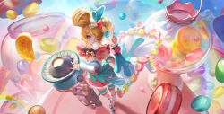  1girl absurdres aqua_eyes armpits blonde_hair candy cannon chewing_gum colorful colorful_background commentary_request double-parted_bangs double_bun dress finger_gun food frilled_sleeves frills from_above hair_bun hand_on_weapon highres honor_of_kings huge_hair_bun lady_sun_(honor_of_kings) long_sleeves looking_at_viewer multicolored_dress official_art official_wallpaper one_eye_closed perspective rainbow sleeveless sleeveless_dress solo striped_clothes striped_thighhighs thigh-highs white_thighhighs 