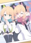  2girls absurdres animal_ear_headphones animal_ears black_shorts black_thighhighs blonde_hair blue_archive blue_bow blue_scarf blush bow closed_mouth fake_animal_ears green_eyes green_halo hagoonha hair_bow halo headphones highres jacket long_sleeves midori_(blue_archive) momoi_(blue_archive) multiple_girls one_eye_closed open_mouth red_bow red_eyes red_halo red_scarf scarf short_hair shorts siblings sisters smile thigh-highs twins two-sided_fabric two-sided_jacket white_jacket 