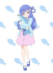  1girl absurdres animal ankle_socks asari_nanami blue_background blue_cardigan blue_eyes blue_hair blue_shirt blue_shoes blunt_bangs blush cardigan commentary_request fish fish_background fish_hair_ornament full_body gauno hair_ornament hair_rings highres holding holding_animal holding_fish idolmaster idolmaster_cinderella_girls long_hair long_sleeves looking_at_viewer open_cardigan open_clothes open_mouth patterned_background pink_skirt shirt shoes sidelocks simple_background skirt socks solo white_background white_socks 