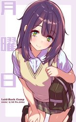  1girl ankle_socks bag black_socks border breasts brown_shoes brown_sweater brown_sweater_vest closed_mouth collared_shirt commentary_request copyright_name dated dress_shirt green_eyes grey_skirt highres jagi_(jagi_souken) kneeling light_blush loafers long_hair looking_at_viewer loose_hair_strand miniskirt outside_border plaid_clothes plaid_skirt pleated_skirt purple_border school_bag school_uniform shirt shoes short_sleeves side_part skirt small_breasts smile socks solo split_mouth sweater sweater_vest toki_ayano translation_request white_shirt yurucamp 
