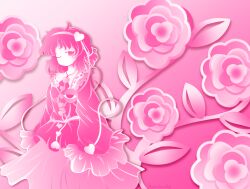  1girl buttons collared_shirt commentary disembodied_linked_eye english_commentary eyeball frilled_shirt_collar frilled_sleeves frills hair_ornament hairband heart heart_button heart_hair_ornament highres komeiji_satori long_sleeves looking_at_viewer marina_killer_red monochrome one_eye_closed pink_theme ribbon-trimmed_collar ribbon_trim shirt skirt sleeves_past_fingers sleeves_past_wrists solo touhou wide_sleeves 