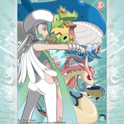  1boy absurdres aqua_eyes aqua_hair artist_name closed_mouth commentary company_name copyright_notice dive_ball english_commentary from_side hat highres holding holding_poke_ball ludicolor luvdisc male_focus merchandise_available milotic official_style open_mouth outline pants poke_ball pokemon pokemon_(creature) pokemon_omega_ruby_and_alpha_sapphire pokemon_team short_hair standing teeth tom_higgins tusks wailord wallace_(pokemon) walrein water_type_theme_(pokemon) watermark whiscash white_hat white_outline white_pants yellow_eyes 