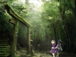  2girls black_skirt commentary_request day dress forest green_theme hat holding_hands k3d4m4 maribel_hearn multiple_girls nature necktie outdoors overgrown purple_dress red_necktie scenery shirt skirt stairs torii touhou tree usami_renko white_shirt wide_shot 