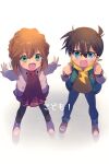  1boy 1girl black_hair black_pantyhose blue_eyes blue_pants bob_cut boots brown_hair child clothes_writing denim echo_(circa) edogawa_conan excited full_body green_eyes haibara_ai hair_between_eyes hands_up hood hood_down hoodie jacket jeans legs_apart looking_at_viewer meitantei_conan open_clothes open_jacket open_mouth outstretched_arms pants pantyhose pleated_skirt red_footwear red_skirt shoes short_hair side-by-side simple_background skirt sneakers standing turtleneck white_background white_footwear white_jacket yellow_hoodie 