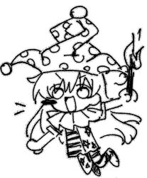  1girl american_flag american_flag_dress american_flag_print chinese_commentary clownpiece commentary_request dress fairy fairy_wings flag_print full_body greyscale hat holding holding_torch jester_cap long_hair monochrome neck_ruff open_mouth pantyhose polka_dot_headwear short_sleeves smile solo star_(symbol) star_print striped_clothes striped_dress striped_pantyhose torch touhou very_long_hair wings y_h 