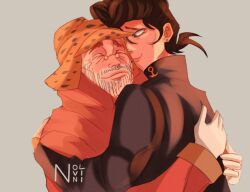  2boys anchor_ornament animal_print beard big_hair black_coat brown_hair closed_eyes coat diamond_wa_kudakenai earrings facial_hair father_and_child father_and_son gakuran glasses gloves hat higashikata_josuke high_collar hug jewelry jojo_no_kimyou_na_bouken joseph_joestar joseph_joestar_(old) leopard_print long_sleeves male_focus multiple_boys nolvini old old_man orange_coat orange_hat parent_and_child pompadour school_uniform simple_background smile white_gloves 