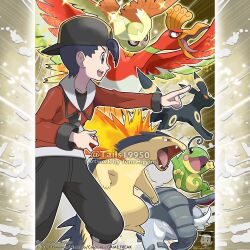  1boy absurdres alternate_color artist_name baseball_cap black_eyes black_hair black_hat black_pants brown_eyes closed_mouth collarbone commentary company_name copyright_notice donphan english_commentary ethan_(pokemon) fangs fire from_side hat highres ho-oh holding holding_poke_ball jacket long_sleeves male_focus merchandise_available noctowl official_style open_mouth orange_eyes outline outstretched_arm pants pointing poke_ball poke_ball_(basic) pokemon pokemon_(creature) pokemon_heartgold_and_soulsilver pokemon_team politoed red_eyes red_jacket shiny_pokemon short_hair smile sparkle standing teeth tom_higgins tongue tusks typhlosion umbreon upper_teeth_only watermark white_outline 