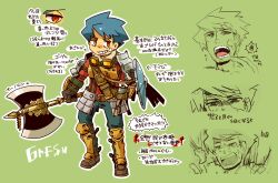  1boy armor axe belt belt_buckle blank_eyes blue_pants brown_belt brown_gloves buckle chest_guard commentary_request full_body gloves greaves grid_teeth grin highres holding holding_axe holding_shield male_focus motimamire multiple_views narrowed_eyes open_mouth outline pants pauldrons red_eyes scarf sekaiju_no_meikyuu sekaiju_no_meikyuu_1 shield shoulder_armor smile spiky_hair standing sweat swordsman_(sekaiju) swordsman_1_(sekaiju) teeth tongue upper_teeth_only white_outline 