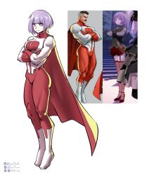  1girl absurdres bang_dream! bang_dream!_it's_mygo!!!!! bilibili_username bodysuit boots breasts cape closed_mouth commentary cosplay crossed_arms english_commentary gloves highres invincible_(series) large_breasts looking_ahead multicolored_bodysuit muscular muscular_female nolan_grayson official_art_inset omni-man omni-man_(cosplay) purple_hair red_bodysuit red_cape red_eyes red_gloves reference_inset serious short_hair shriohalfarm simple_background superhero_costume twitter_username two-tone_bodysuit v-shaped_eyebrows white_background white_bodysuit white_boots yuutenji_nyamu 