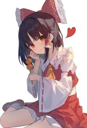  1girl :3 absurdres ascot bow brown_eyes brown_hair closed_mouth commentary_request dango detached_sleeves food frilled_bow frilled_hair_tubes frilled_skirt frills hair_bow hair_tubes hakurei_reimu heart highres holding holding_skewer kano_(kano4) korean_commentary long_hair looking_at_viewer red_bow red_skirt ribbon-trimmed_sleeves ribbon_trim shoes simple_background sitting skewer skirt skirt_set smile socks solo touhou wagashi white_background yellow_ascot 