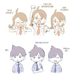  >_< 1boy 1girl :d ^_^ arm_up bin_aham brown_eyes chibi chibi_only closed_eyes collared_shirt commentary_request cropped_torso eyelashes florian_(pokemon) grey_shirt head_rest highres juliana_(pokemon) korean_commentary korean_text multiple_views necktie open_mouth orange_necktie own_hands_together pokemon pokemon_scarlet_and_violet shirt short_sleeves shouting smile translation_request white_background white_shirt 