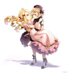  2girls animal_print bird_print black_bow black_dress blonde_hair bow carrying commentary_request dress frilled_dress frills grey_hair hair_ornament hat high_heels highres lolita_fashion long_hair looking_at_another magical_girl mahou_shoujo_ikusei_keikaku mahou_shoujo_ikusei_keikaku_restart multiple_girls nurse_cap pfle pink_bow princess_carry purple_bow red_bow red_eyes shadowgale short_hair white_background x_hair_ornament yellow_bow yellow_eyes yunare yuri 