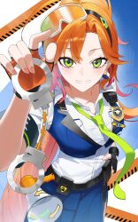  1girl absurdres ags_artz belt_pouch black_gloves blue_skirt blue_vest collared_shirt commentary cuffs english_commentary fingerless_gloves gloves goggles goggles_on_head green_necktie handcuffs highres holding holding_handcuffs hololive hyakuto_kyoko long_hair looking_at_viewer megaphone mole mole_under_eye necktie orange_hair pink_hair ponytail pouch shirt short_sleeves skirt solo vest virtual_youtuber white_shirt 