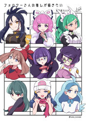  6+girls ahoge apron aqua_hair artist_name bandana beanie big_hair black_hair black_jacket black_romper black_skirt black_track_suit blue_eyes blue_hair blue_hat blunt_bangs bob_cut bodysuit bodysuit_under_clothes bow bowtie braid braided_ponytail breasts brooch brown_hair capelet collared_shirt commentary_request cross_scar dendra_(pokemon) drill_hair drill_sidelocks elbow_gloves eyeshadow fan_request fingerless_gloves flipped_hair floating_scarf followers_favorite_challenge fur_jacket glasses gloves green_eyes green_hair hair_bow hair_ornament hairband hat highres hikari_(pokemon) hime_cut holding holding_pen jacket jewelry juliet_sleeves kahili_(pokemon) klara_(pokemon) kotoart10 large_breasts lebanne_(pokemon) lipstick long_hair long_sleeves low_neckline maid maid_apron maid_headdress makeup mature_female may_(pokemon) medium_breasts mole mole_under_eye mole_under_mouth multiple_drawing_challenge multiple_girls neck_pillow open_mouth pen pink-framed_eyewear pink_eyeshadow pink_hair pink_lips pink_skirt pink_sweater poke_ball_print pokemon pokemon:_let's_go_pikachu!_and_let's_go_eevee! pokemon_black_and_white pokemon_diamond/pearl/platinum pokemon_legends:_z-a pokemon_ruby/sapphire/emerald pokemon_scarlet_and_violet pokemon_sun_and_moon pokemon_sword_and_shield puffy_sleeves purple_hair red_bandana red_eyes red_shirt ribbed_sweater rimless_eyewear romper round_eyewear sabrina_(pokemon) scar scar_on_face scar_on_forehead scarf shauntal_(pokemon) shirt short_hair short_sleeves side_slit sidelocks skirt sleeveless smile straight_hair striped_clothes striped_shirt sweater three-quarter_sleeves track_suit tsurime turtleneck turtleneck_jacket turtleneck_sweater twitter_username two-tone_shirt updo very_long_braid violet_eyes visor_cap white_bow white_bowtie white_capelet white_hairband white_hat wicke_(pokemon) yellow_gloves 