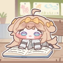  1girl ahoge all_fours animal_ears blurry blurry_background blush_stickers book bow bow_hairband brown_hair butter_(trickcal) chair chibi chibi_only closed_mouth collared_shirt commentary_request dog_ears dog_girl dog_tail ear_bow grey_necktie hairband korean_commentary long_hair long_sleeves monyami necktie on_table open_book outline plaid_clothes plaid_necktie shirt solo table tail tie_clip trickcal v-shaped_eyebrows white_outline white_shirt yellow_bow yellow_hairband 