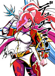  1girl bandaged_arm bandaged_hand bandages breasts commentary_request copyright_name duel_masters duel_masters_gt glenglassaugh_(duel_masters) gold_trim hair_over_one_eye high_ponytail highres holding holding_sword holding_weapon ihara_shigekatsu jacket large_breasts leg_armor long_hair looking_at_viewer multicolored_hair multicolored_pants open_clothes open_jacket pants ponytail purple_hair purple_pants purple_scarf red_hair red_jacket red_pants scarf shirt signature simple_background single_leg_armor solo sword translation_request two-tone_hair violet_eyes weapon white_background white_mouth white_shirt 