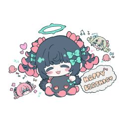  3girls angels_of_delusion aria_(human)_(zenless_zone_zero) aria_(zenless_zone_zero) black_hair bow chibi closed_eyes colored_inner_hair commentary green_bow green_eyes green_hair green_halo hair_bow hair_ornament hairclip halo happy_birthday heart highres multicolored_hair multiple_girls multiple_hair_bows multiple_hairclips musical_note nangong_yu nekooooowo open_mouth pink_hair short_twintails simple_background stuffed_squid stuffed_toy sunna_(zenless_zone_zero) twintails untranslatable_commentary white_background zenless_zone_zero 