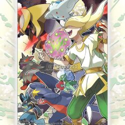  1boy absurdres artist_name black_sclera blonde_hair claws closed_mouth collarbone colored_sclera commentary company_name copyright_notice english_commentary fangs from_side garchomp giratina giratina_(altered) green_pants highres hisuian_arcanine hisuian_poke_ball holding holding_poke_ball long_hair lucario male_focus merchandise_available official_alternate_costume official_alternate_hairstyle official_style open_mouth outline pants poke_ball pokemon pokemon_(creature) pokemon_legends:_arceus pokemon_team red_eyes roserade sharp_teeth shirt short_sleeves smile spiritomb spoilers standing teeth togekiss tom_higgins volo_(pokemon) watermark white_outline white_shirt yellow_eyes 